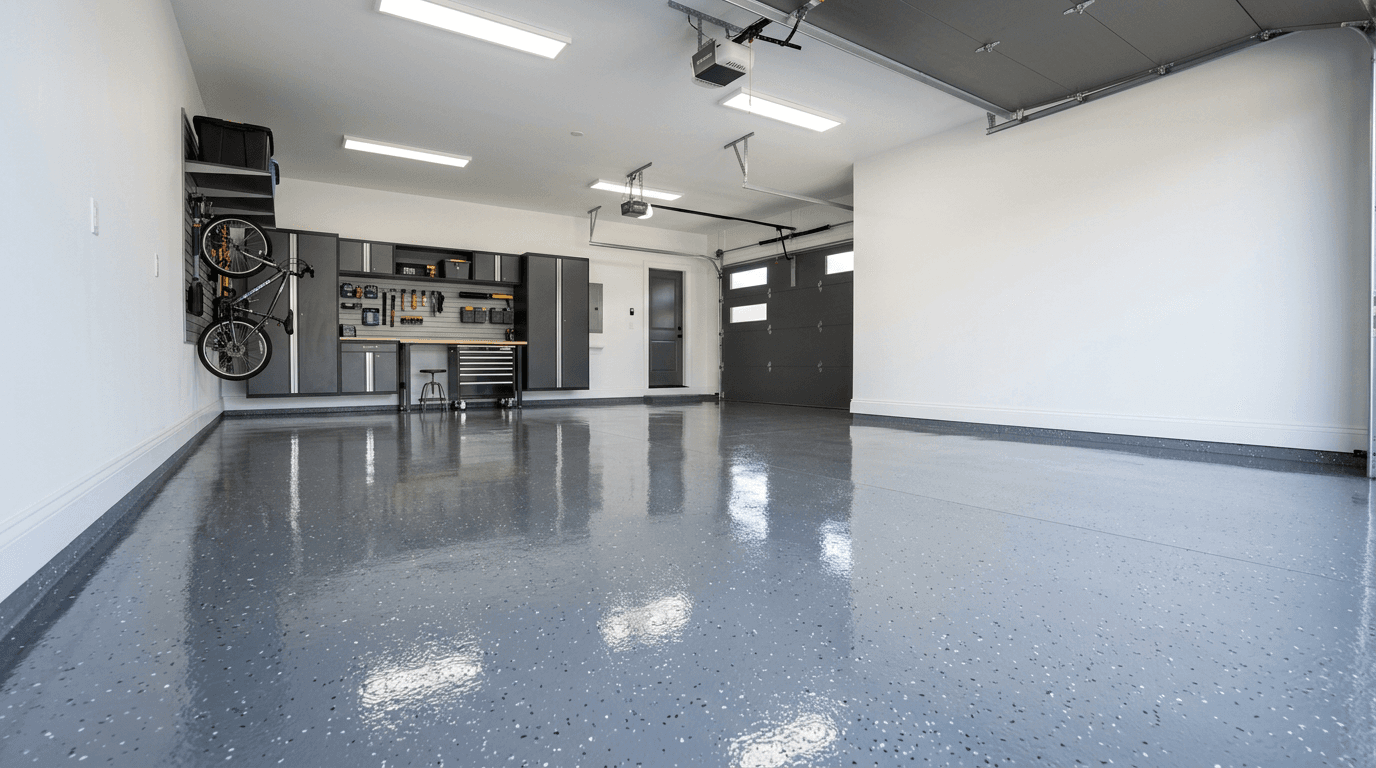 Suelo de epoxy de alta gama instalado en garaje residencial en DFW